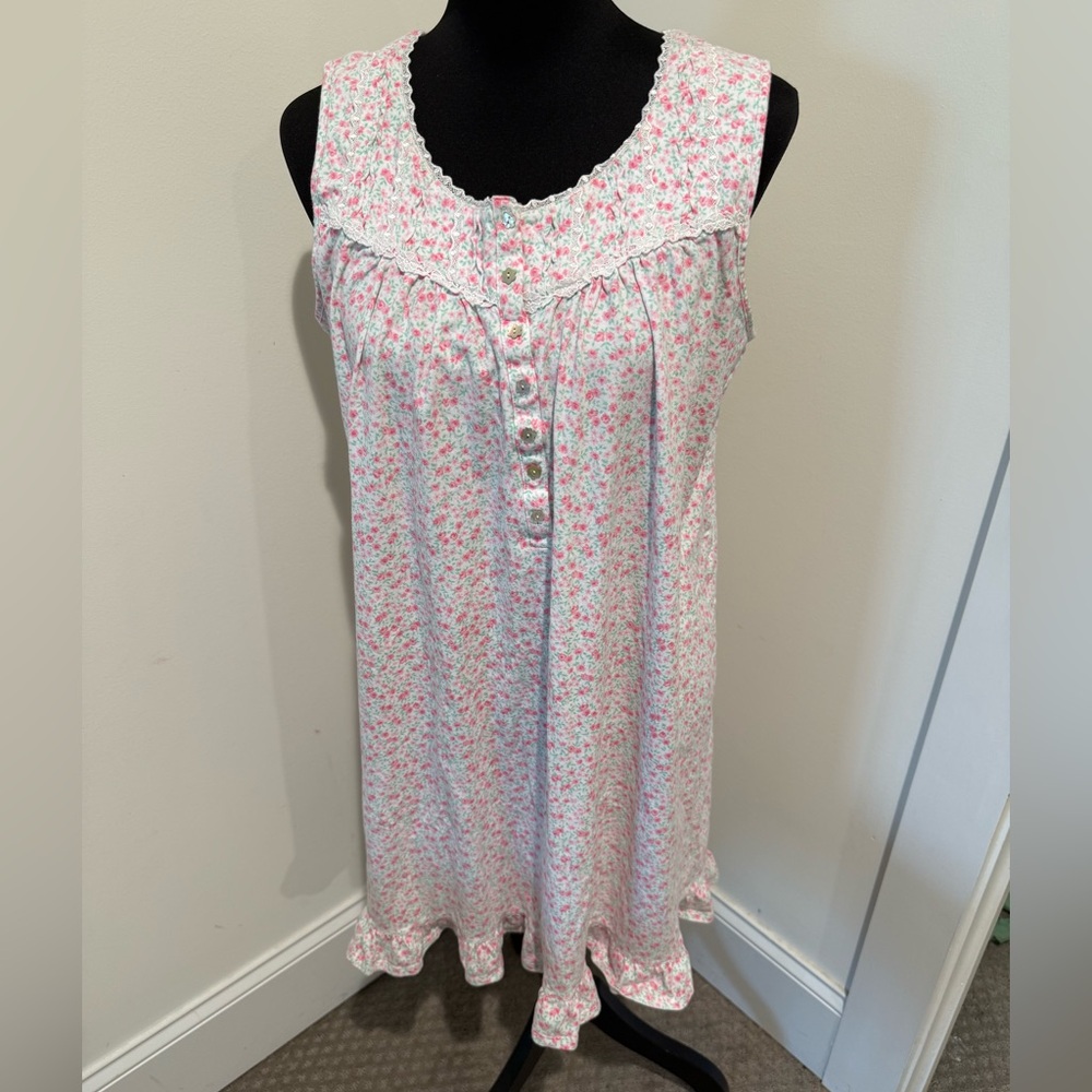 Eileen West Pink and Green Floral Sleeveless Cotton Blend Jersey Nightgown Sz M